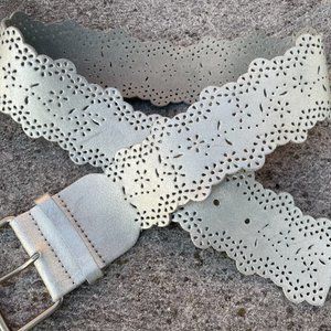 Vintage Oleg Santini Women Belt Genuine Leather Silver Tone Wide waistband Sz S